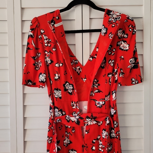 Veronica Beard Joia Red Multi Floral Print V-Neck Belted Midi Dress Size 2 - XS - Picture 10 of 15